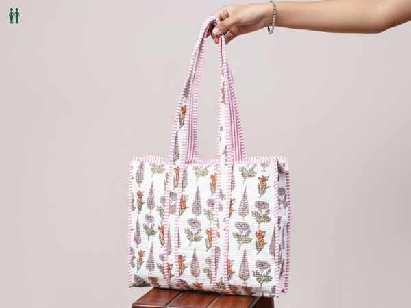 Floral Printed Design White Cotton Hand Bag