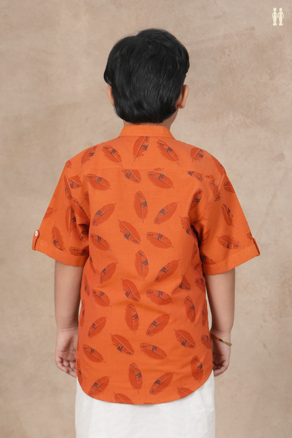 Chinese Collar Leaf Design Ginger Orange Cotton Shirt
