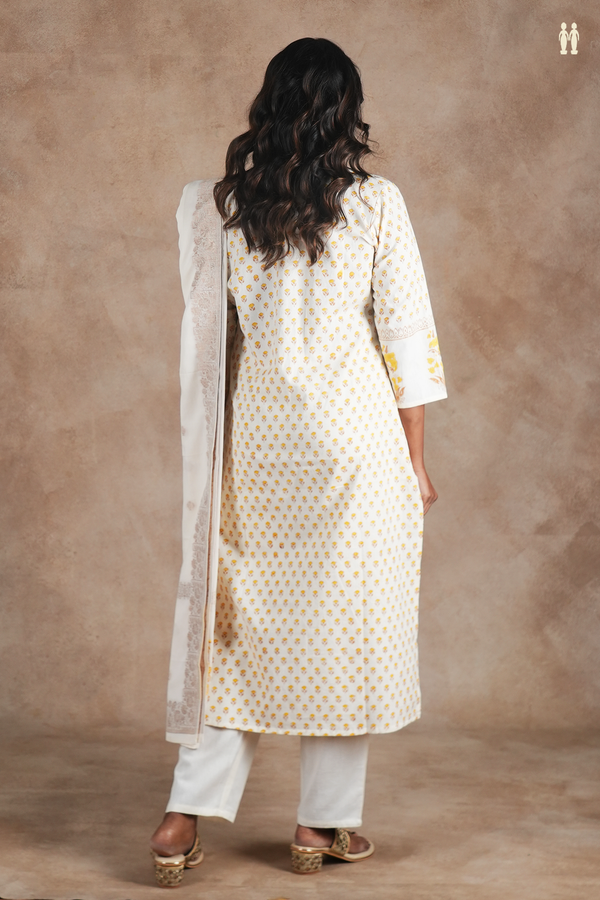 Split Neck Floral Design White Cotton Salwar Set