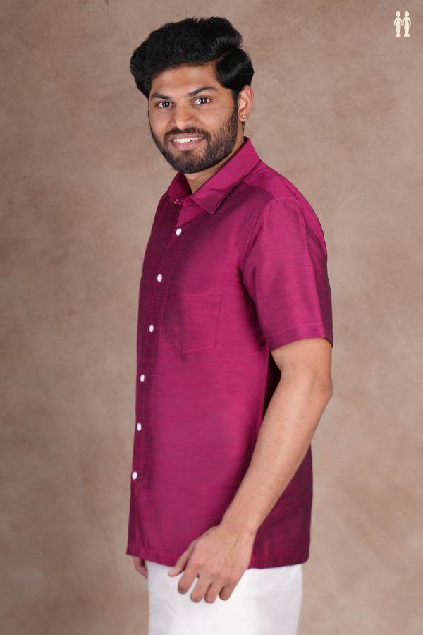Regular Collar Plain Berry Purple Raw Silk Shirt