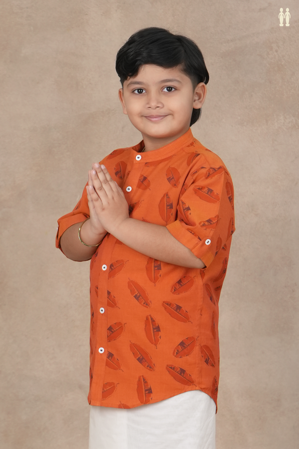 Chinese Collar Leaf Design Ginger Orange Cotton Shirt