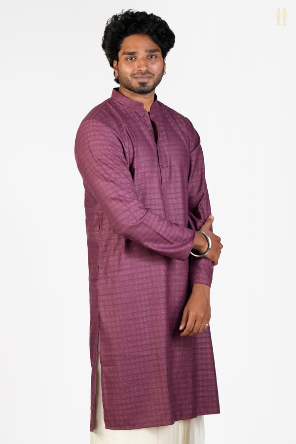 Chinese Collar Threadwork Design Berry Purple Cotton Long Kurta