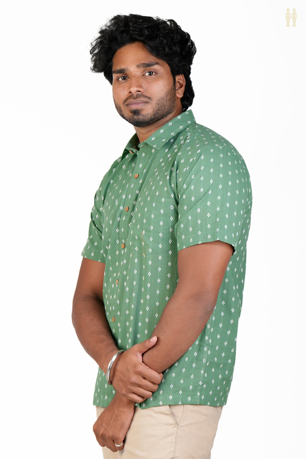 Regular Collar Threadwork Buttis Fern Green Cotton Shirt