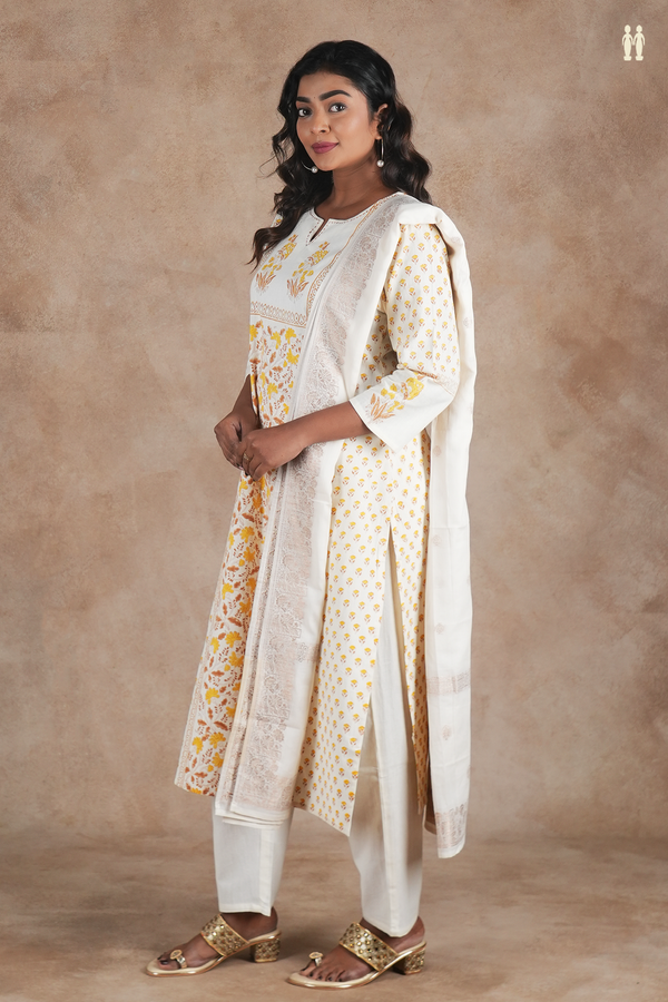 Split Neck Floral Design White Cotton Salwar Set