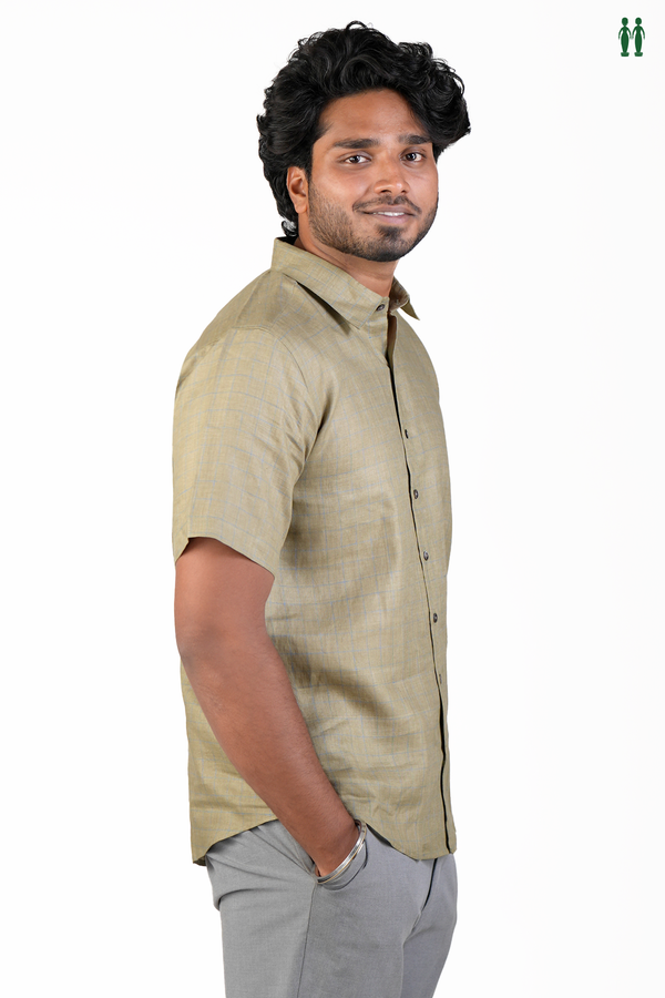 Regular Collar Checks Design Olive Green Linen Shirt