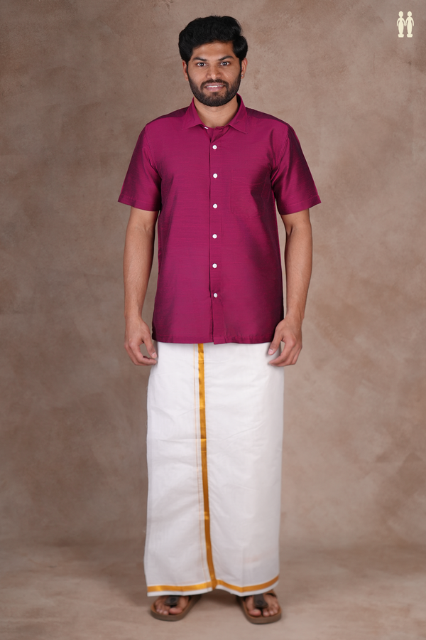 Regular Collar Plain Berry Purple Raw Silk Shirt