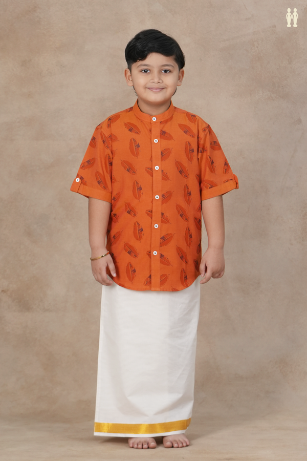 Chinese Collar Leaf Design Ginger Orange Cotton Shirt