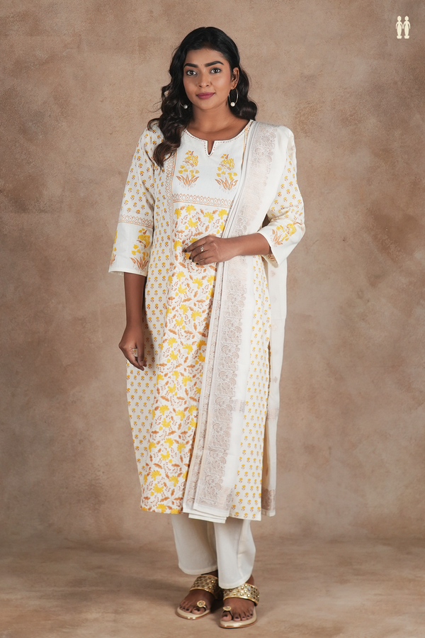 Split Neck Floral Design White Cotton Salwar Set