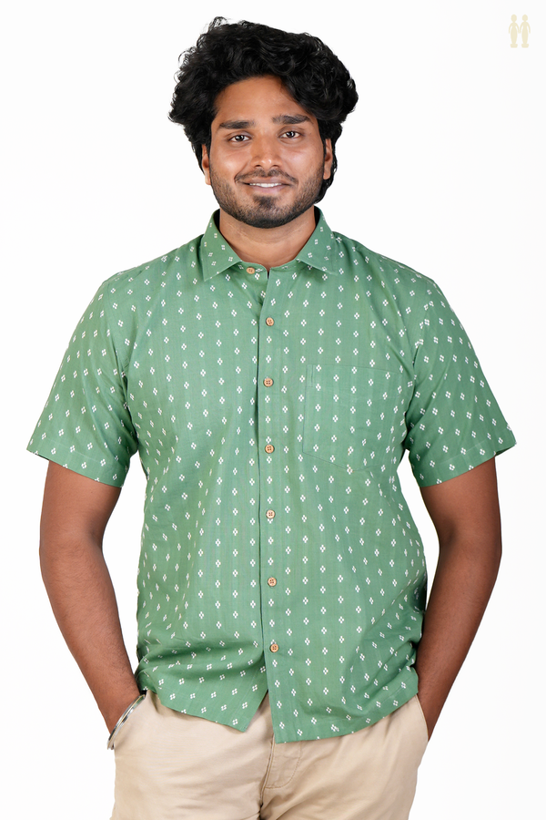 Regular Collar Threadwork Buttis Fern Green Cotton Shirt