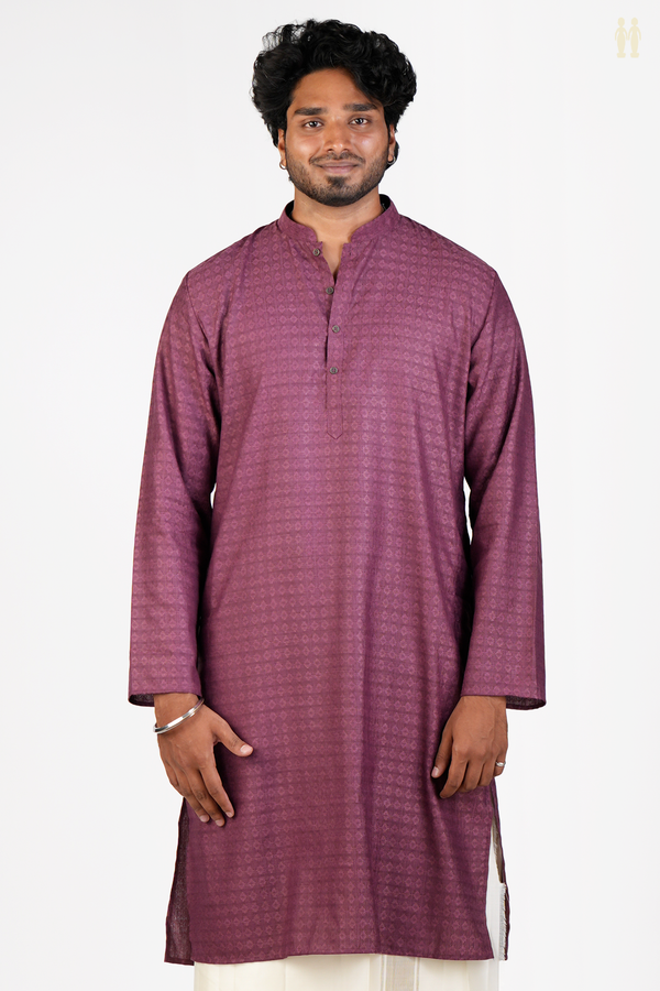 Chinese Collar Threadwork Design Berry Purple Cotton Long Kurta