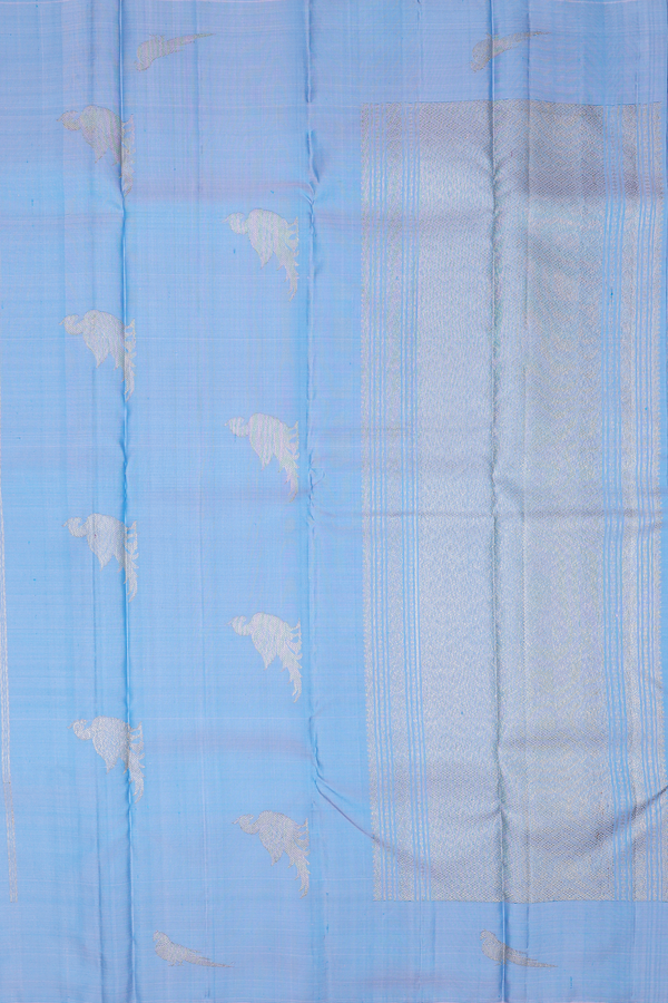 Kanchipuram Silk Saree In Light Blue With Stripes Design