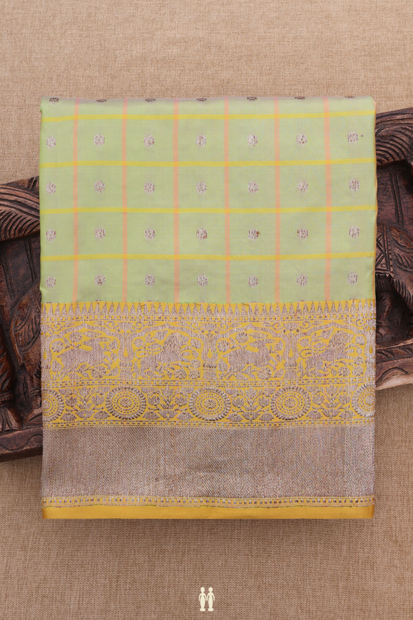 Banarasi Silk Saree In Pastel Green With Checks Design