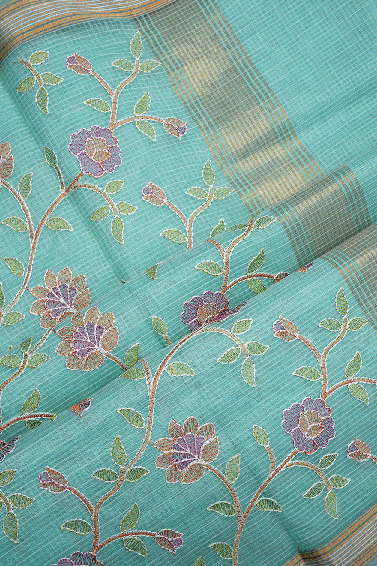 Floral Embroidered Design Mint Blue Kota Cotton Saree