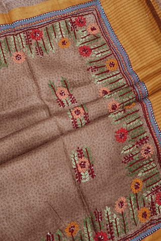 Embroidered Floral Motifs Pastel Brown Tussar Silk Saree