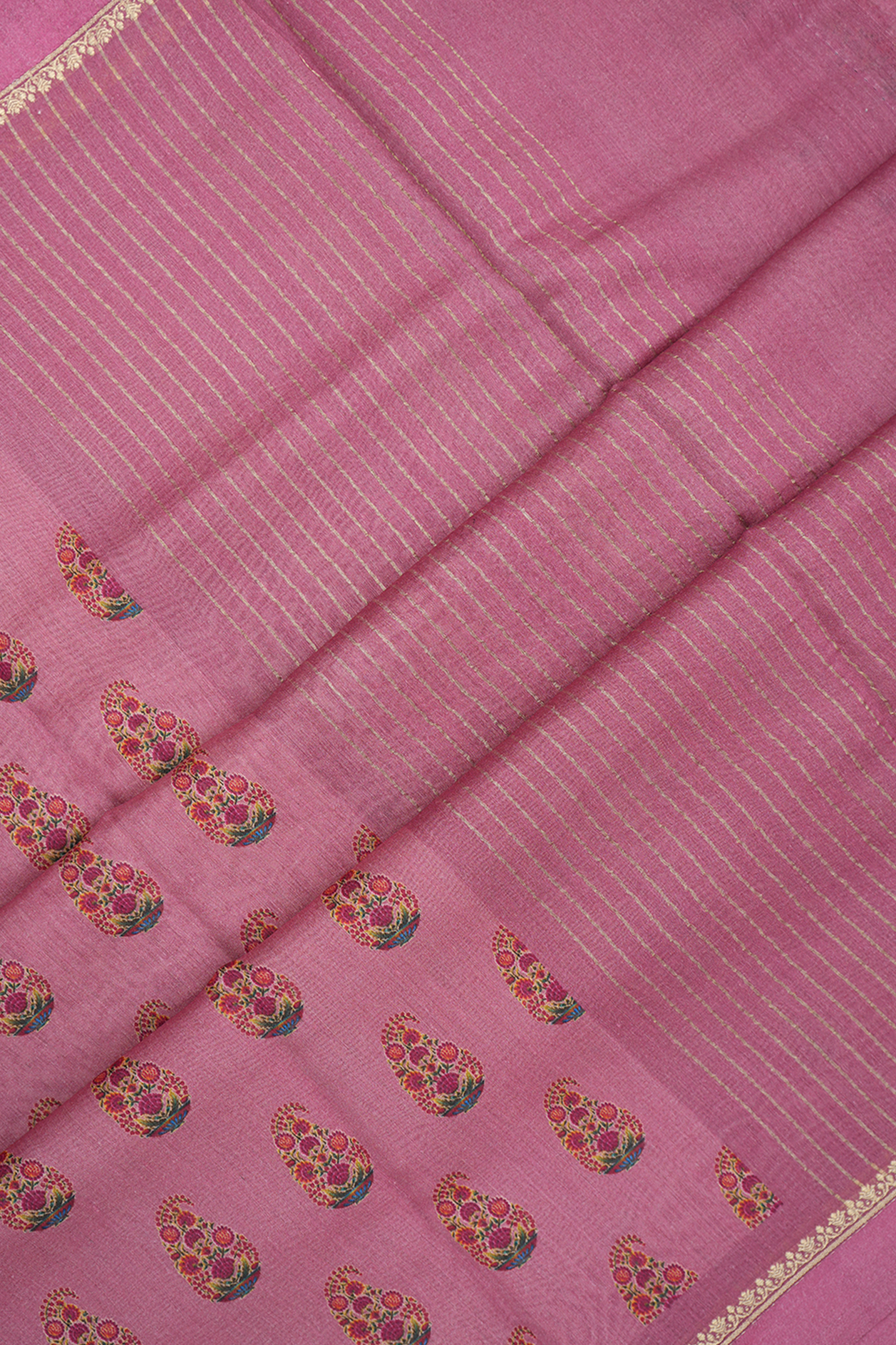 Paisley Printed Motifs Pink Chanderi Silk Cotton Saree