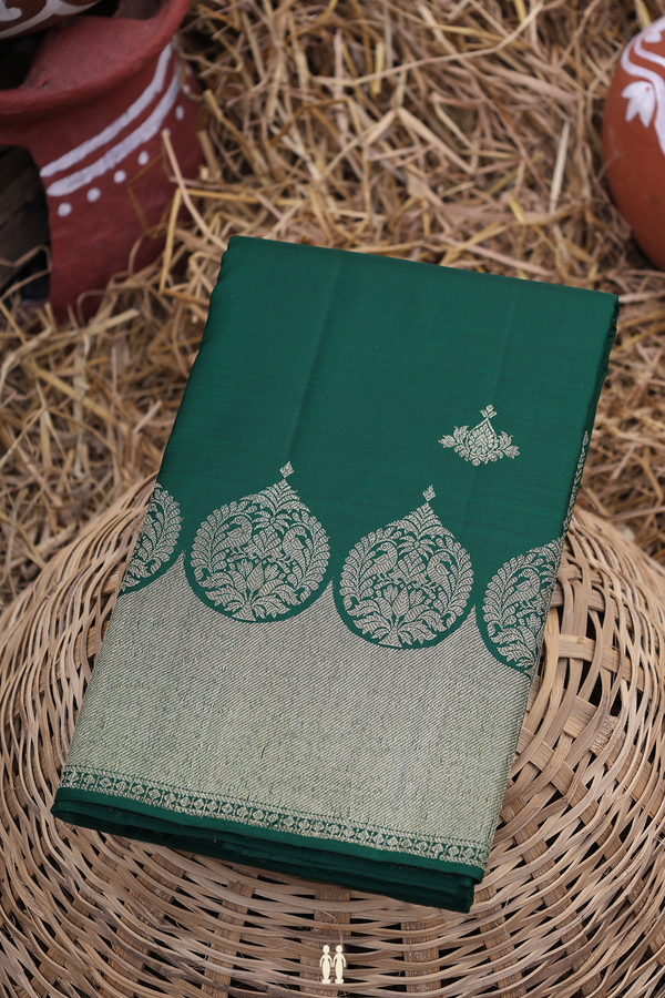 Kanchipuram Silk Saree In Forest Green With Zari Buttas