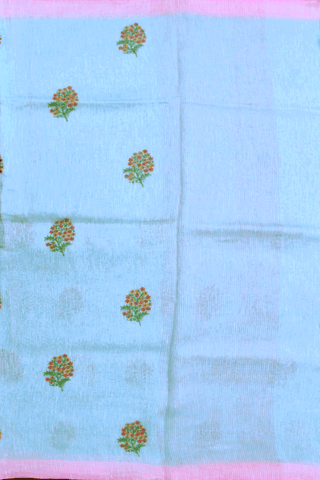 Floral Embroidered Motifs Powder Blue Linen Saree
