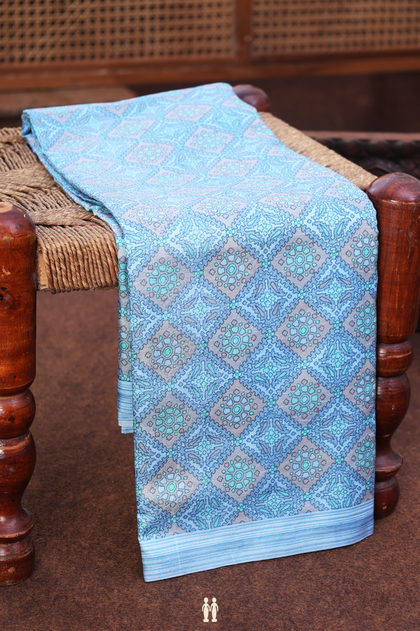 Printed Silk Saree In Pastel Blue With Diamond Design