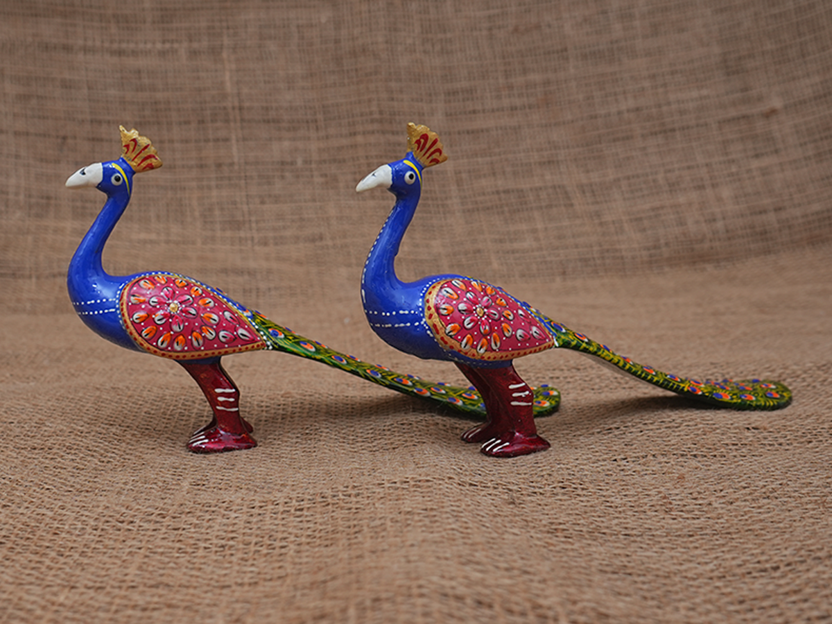 Set Of 2 Metal Peacock Statue For Home Decor