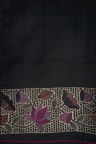 Floral Embroidered Border Plain Black Semi Tussar Silk Saree