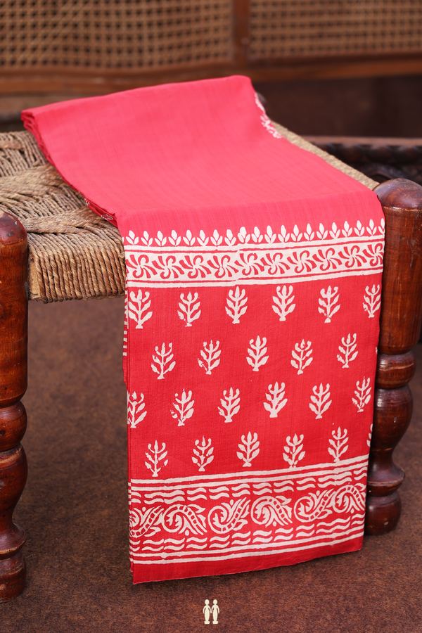 Printed Silk Saree In Red With Paisley Buttas
