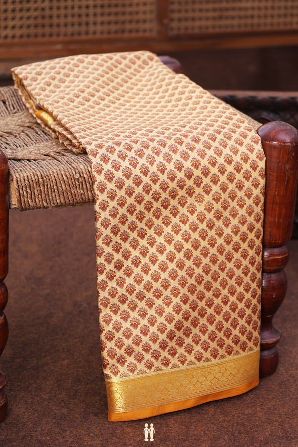 Printed Silk Saree In Tan Brown With Floral Design