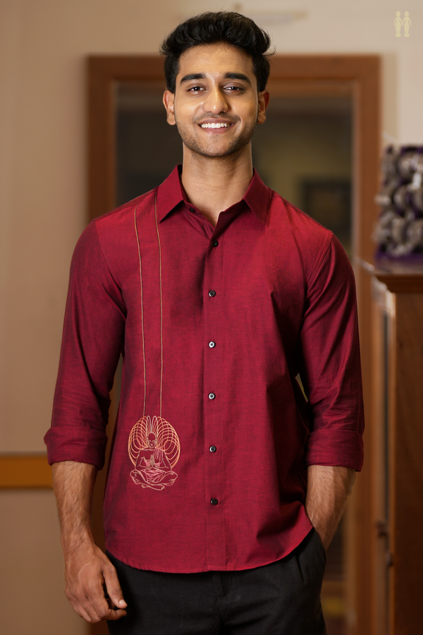Regular Collar Embroidered Design Burgundy Red Cotton Shirt