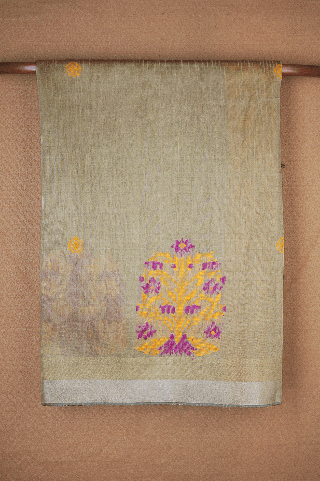 Floral Threadwork Buttas Dusty Khaki Semi Jute Saree