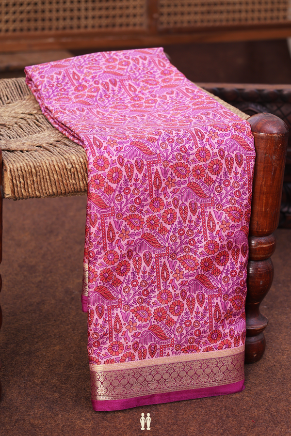 Printed Silk Saree In Pink With Floral Design