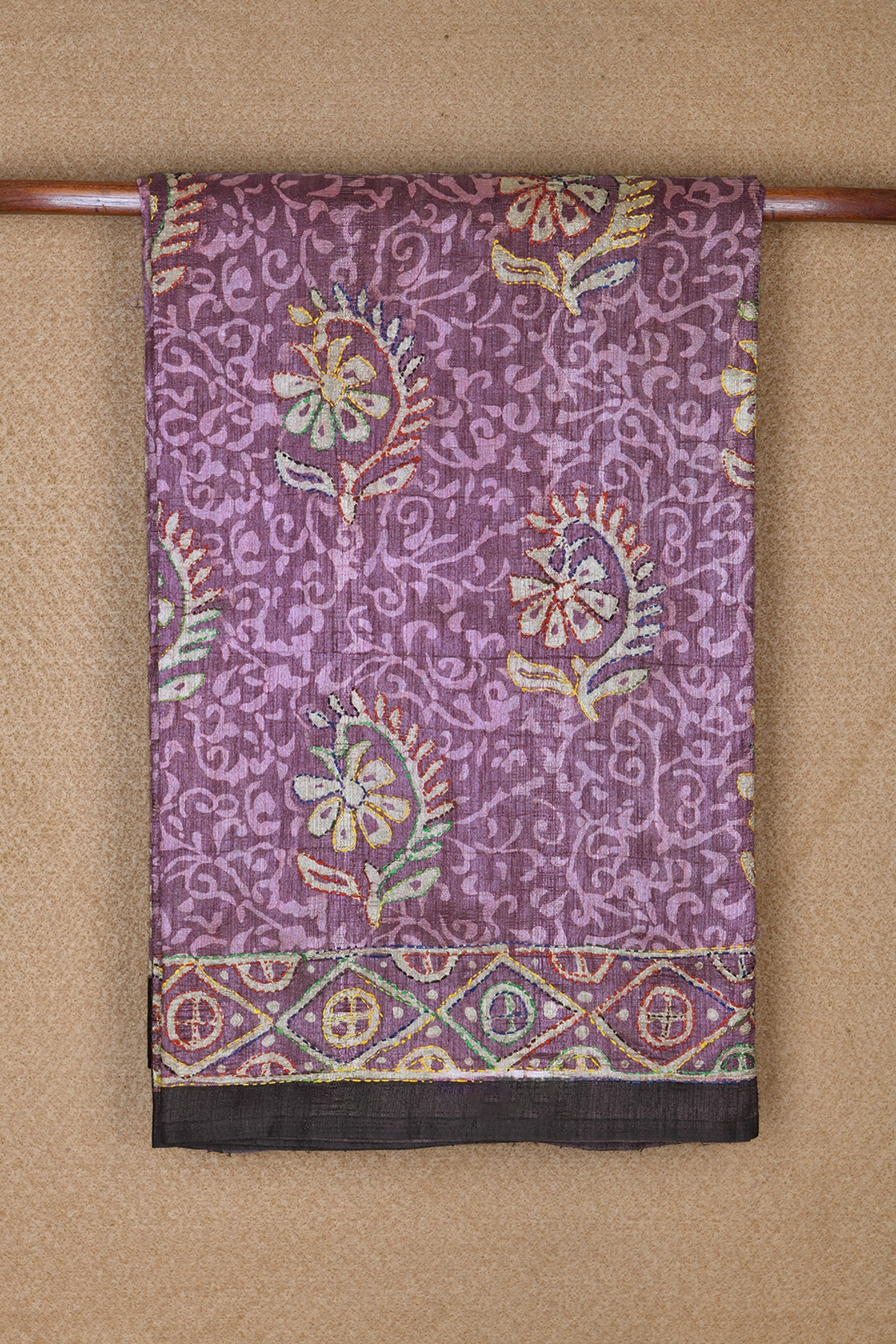 Floral Hand Embroidered Dusty Purple Semi Tussar Silk Saree