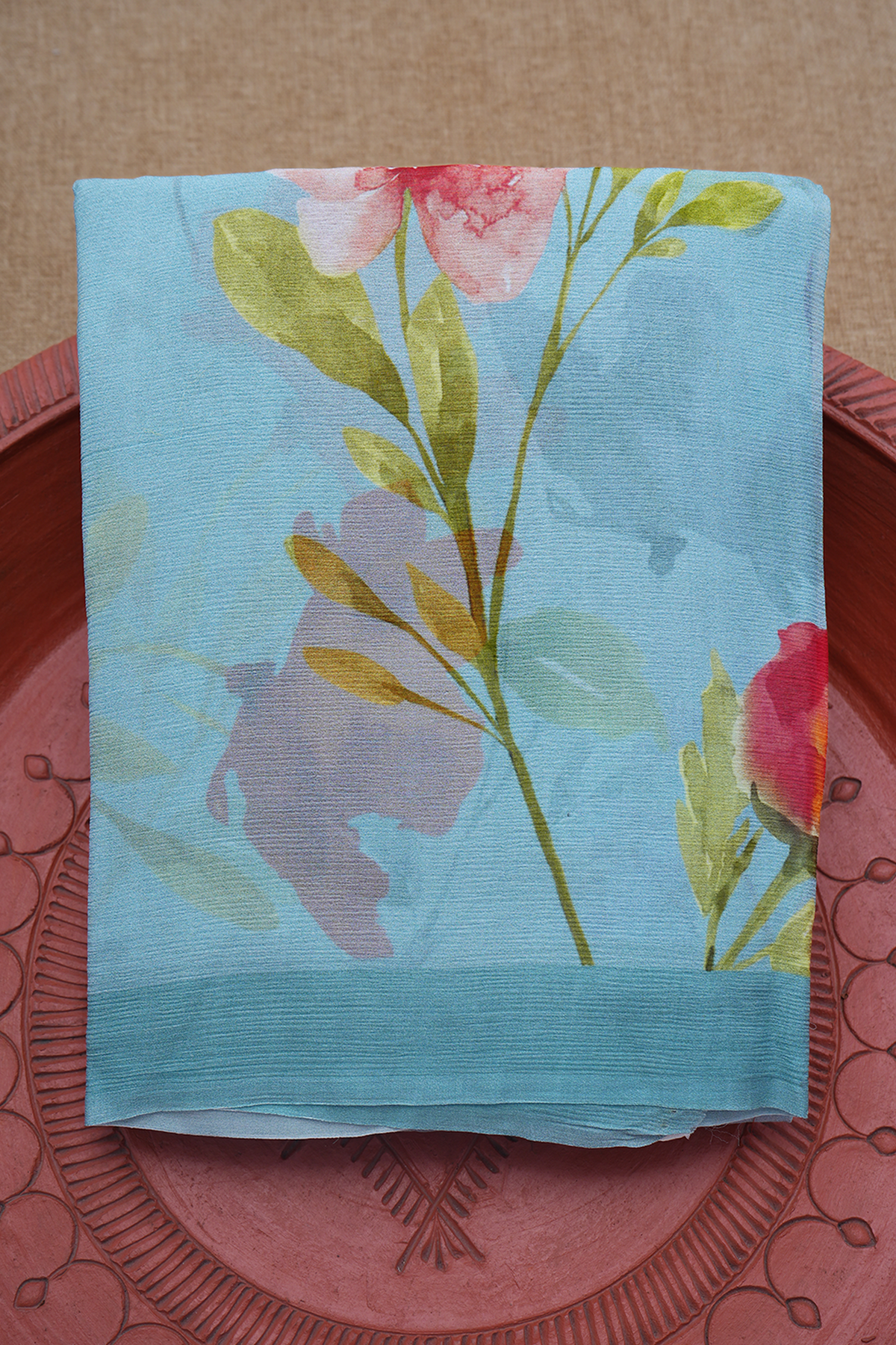 Floral Digital Printed Pastel Blue Chiffon Saree