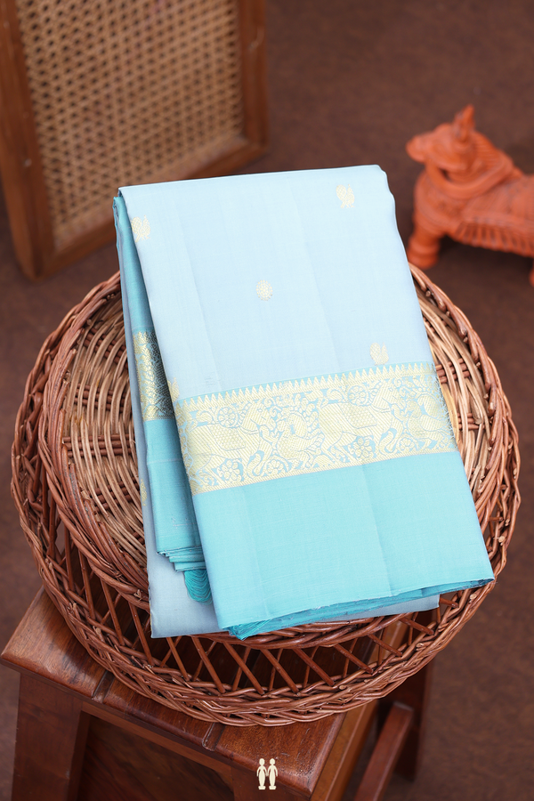 Kanchipuram Silk Saree In Blue With Peacock Buttas