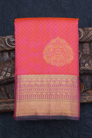 Threadwork With Buttas Coral Pink Kanchipuram Silk Saree