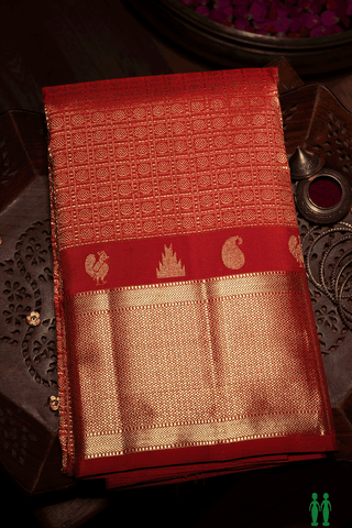 Checks With Zari Buttas Crimson Red Kanchipuram Silk Saree
