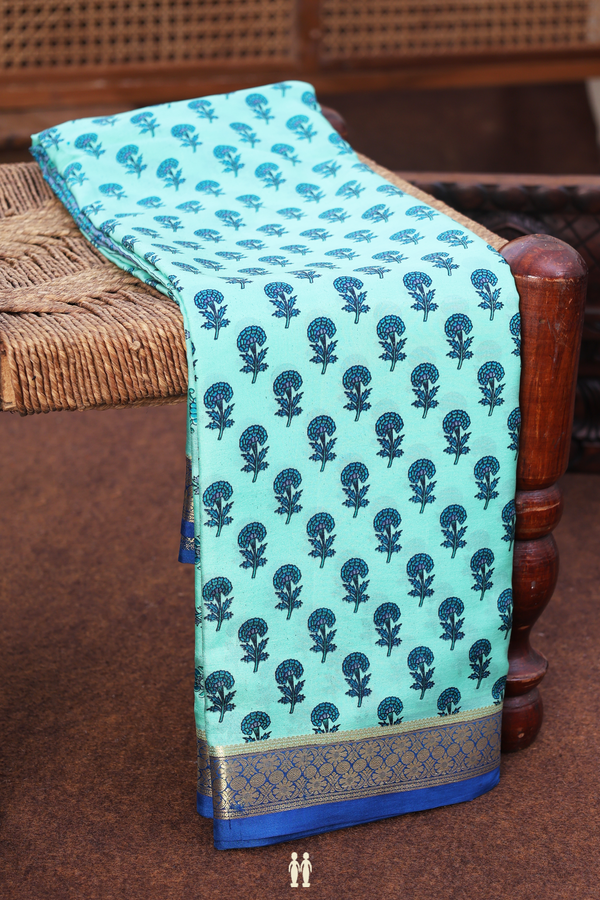 Printed Silk Saree In Mint Blue With Floral Design