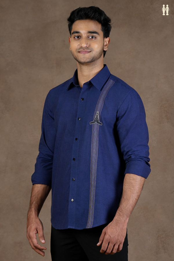 Regular Collar Embroidered Design Oxford Blue Cotton Shirt