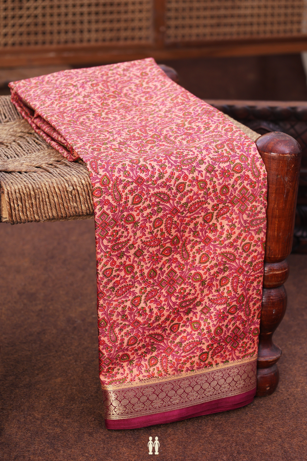 Printed Silk Saree In Peach With Allover Design