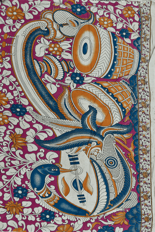 Floral And Fish Design Teal Blue Kalamkari Cotton Saree
