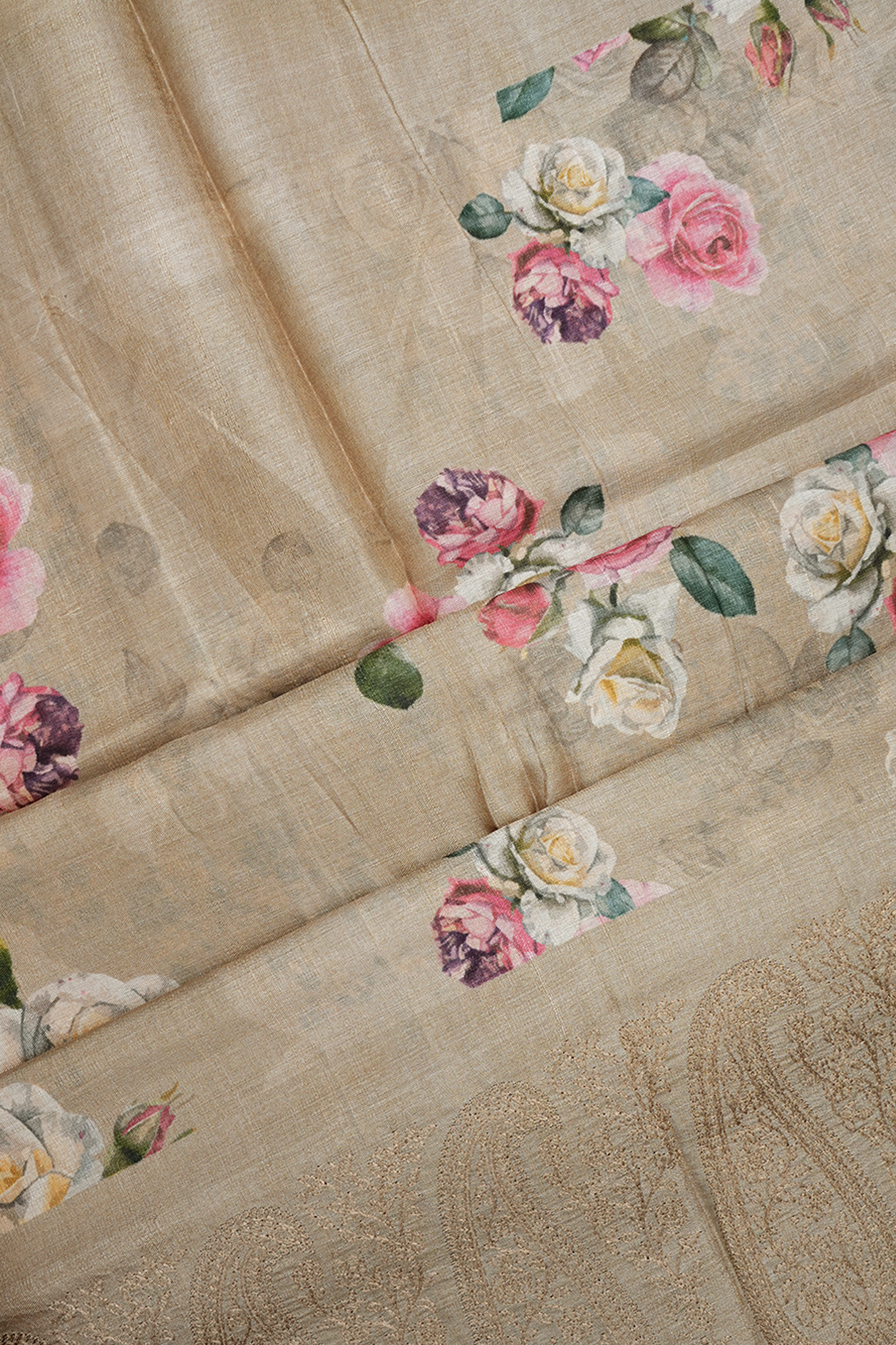 Floral Digital Printed Beige Tussar Silk Saree