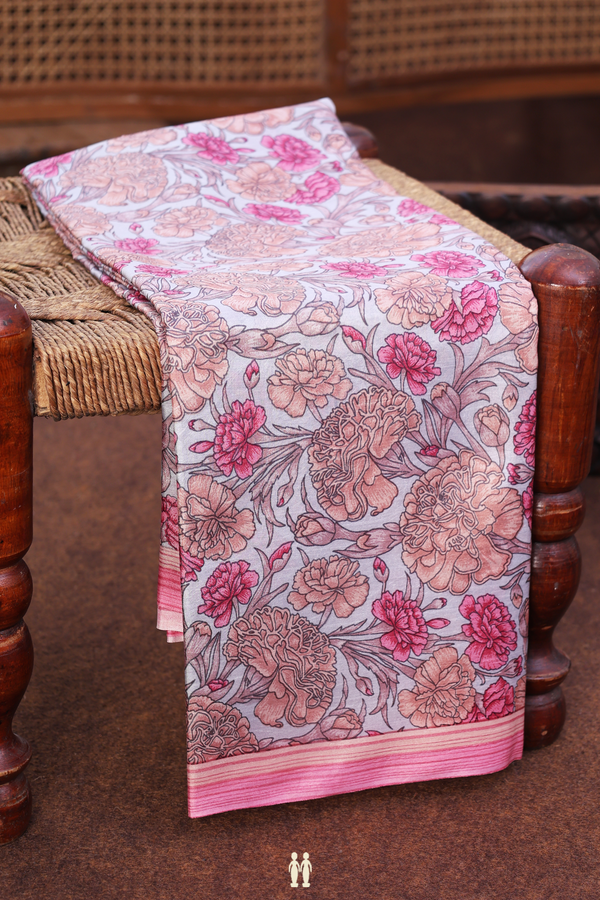 Printed Silk Saree In Grey With Floral Design