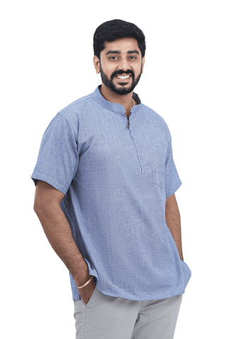 Chinese Collar Plain Blue Cotton Short Kurta