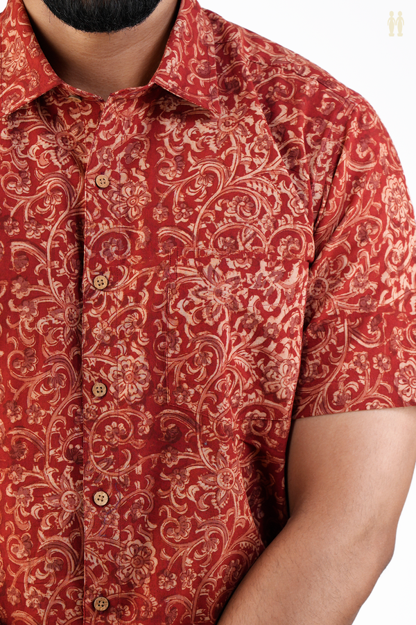 Regular Collar Floral Design Red Kalamkari Cotton Shirt