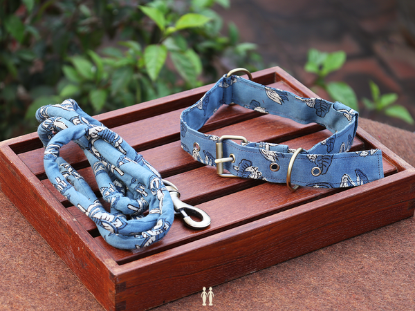 Blue Cotton Dog Collar With Rope Set