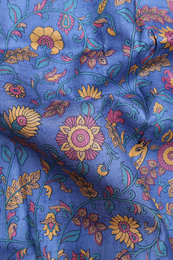 Tussar Silk Saree In Cobalt Blue With Floral Design