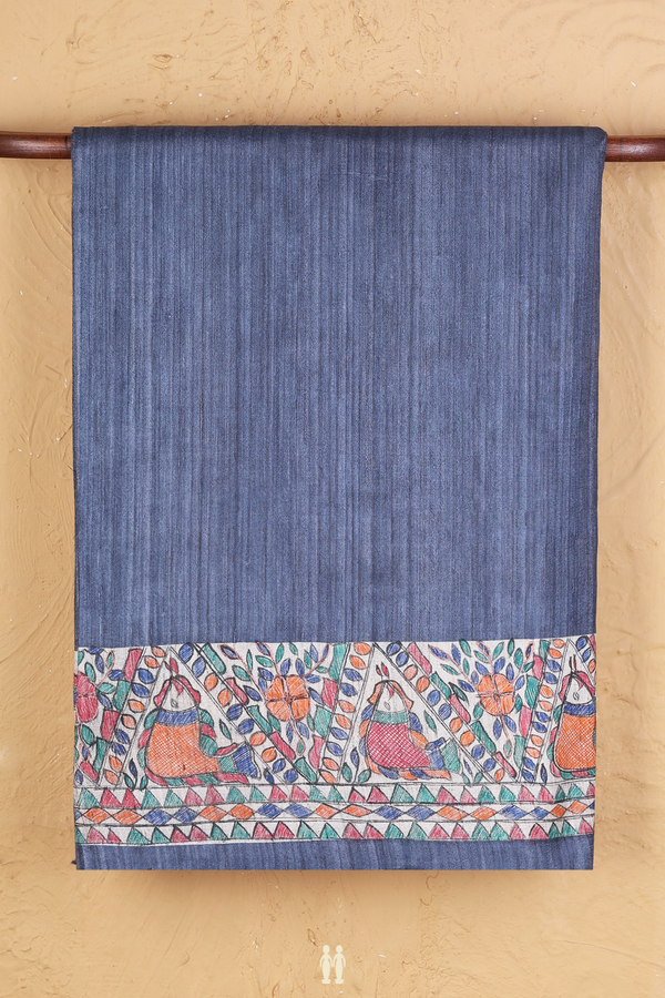Tussar Silk Saree Pigeon Blue With Madhubani Border