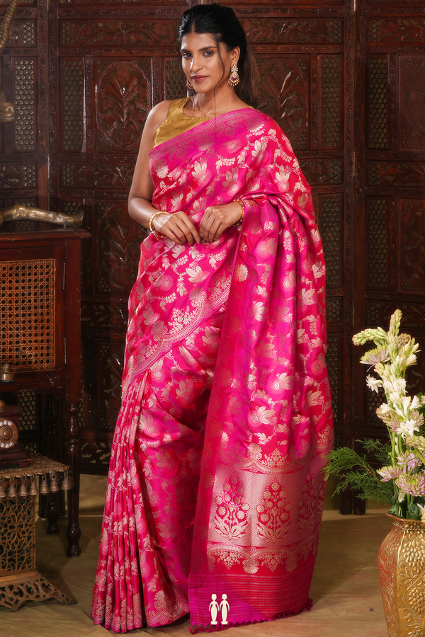 Banarasi Silk Saree In Rani Pink With Floral Design