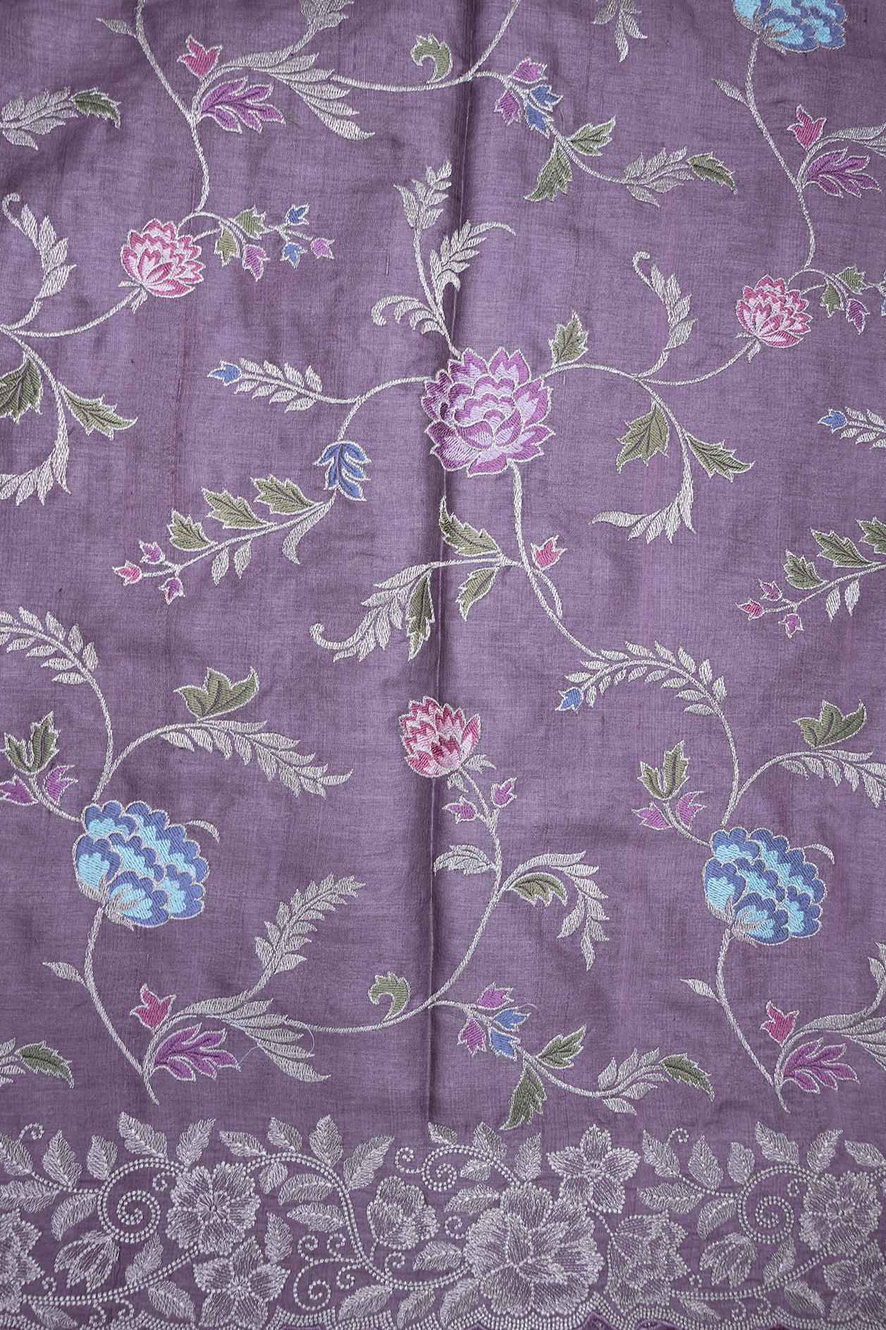 Embroidered Floral Design Dusty Purple Tussar Silk Saree