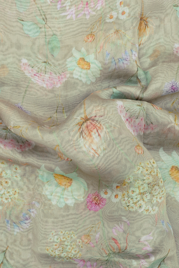 Organza Silk Saree In Dusty Green With Floral Design