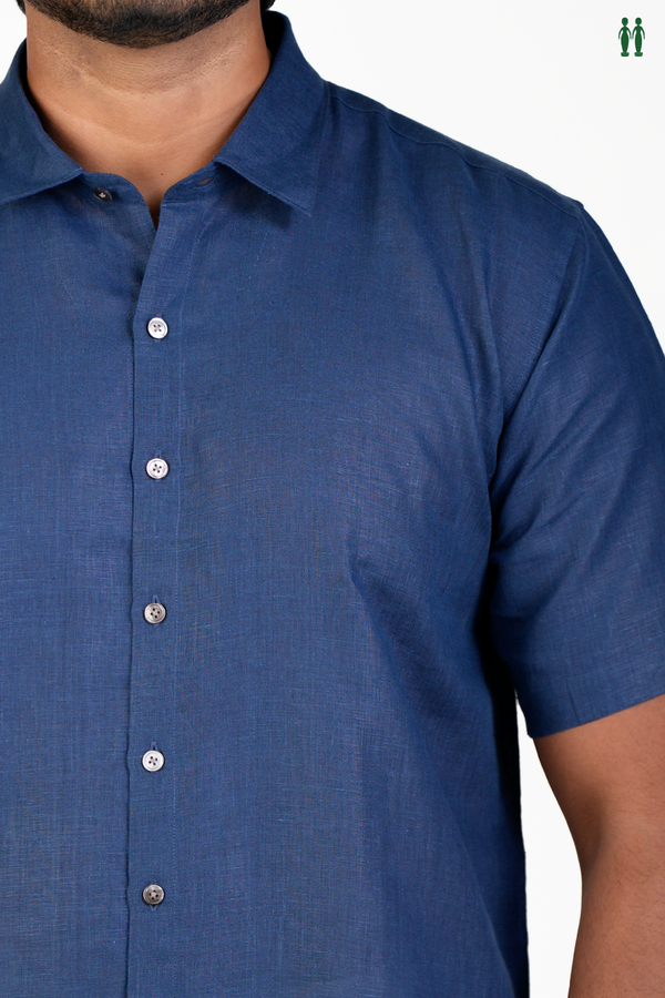 Regular Collar Plain Navy Blue Linen Shirt
