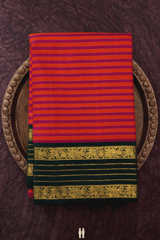 Stripes Design Coral Red And Purple Kanchipuram Silk Saree